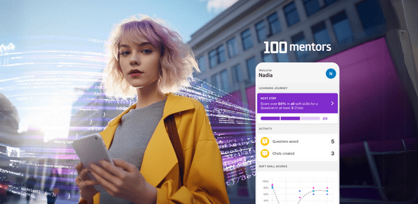 Ai generated girl and a phone showing 100mentors.AI app